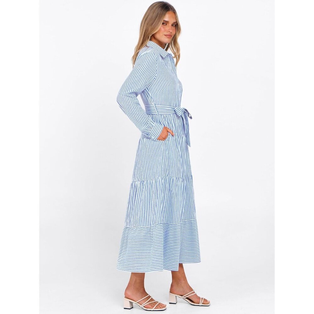 Women Long Sleeve Maxi Dress Rayon Casual Button Stripe Plaid Tie Waist - Picture 4 of 6
